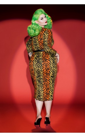Deadly Dames Plus Size Misfits Dress in Orange Tiger Print