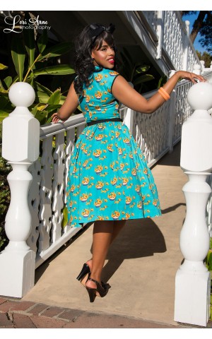 Heidi Dress with Gathered Skirt in Mary Blair Cat Print 